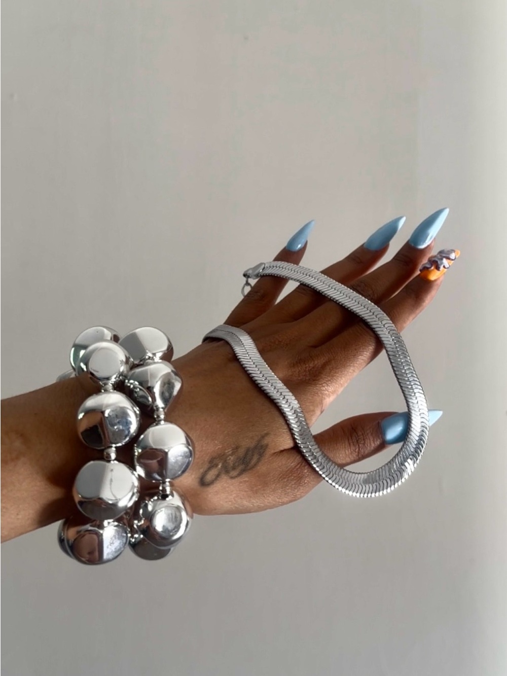 Chunky Silver Bead Bracelet- Choker 3pc set— Polished Statement Bangle